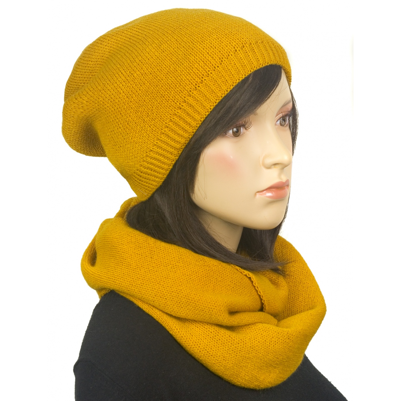 Komplet zimowy damski czapka i szalik komin - żółty musztardowy
