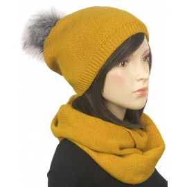 Komplet zimowy damski czapka z pomponem i szalik komin - musztardowy żółty