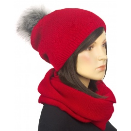 Komplet zimowy damski czapka z pomponem i szalik komin - czerwony