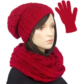 Damski komplet czapka zimowa krasnal, szalik komin i rękawiczki : czerwony