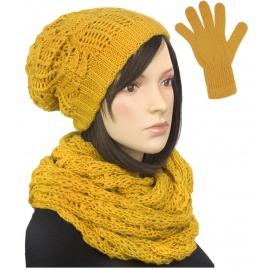 Komplet damski zimowy Tola czapka, komin i rękawiczki - żółty musztardowy