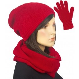 Komplet zimowy damski czapka, komin i rękawiczki - czerwony
