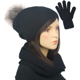 Komplet damski na zimę czapka z pomponem, komin i rękawiczki - czarny