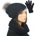 Komplet zimowy damski Kaja czapka z pomponem, komin i rękawiczki - czarny