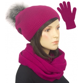 Komplet damski na zimę czapka z pomponem, komin i rękawiczki - amarant