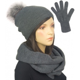Komplet damski na zimę czapka z pomponem, komin i rękawiczki - ciemnoszary