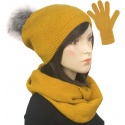 Komplet zimowy damski Kaja czapka z pomponem, komin i rękawiczki - żółty musztardowy