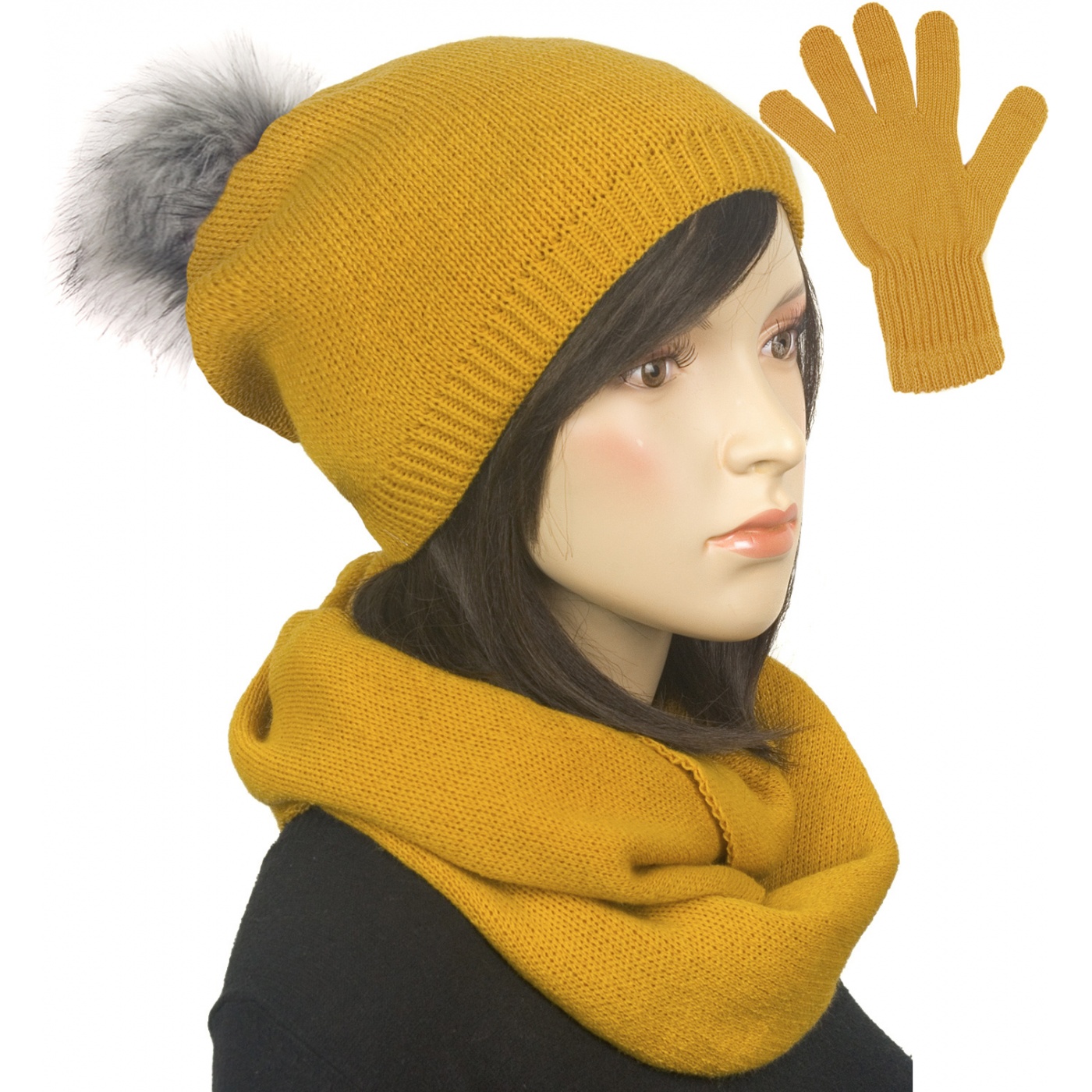 Komplet damski na zimę czapka z pomponem, komin i rękawiczki - musztardowy