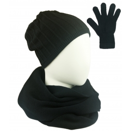 Komplet prążkowana czapka, szalik komin i rękawiczki - czarny