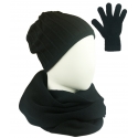 Komplet Eva prążkowana czapka, szalik komin i rękawiczki - czarny