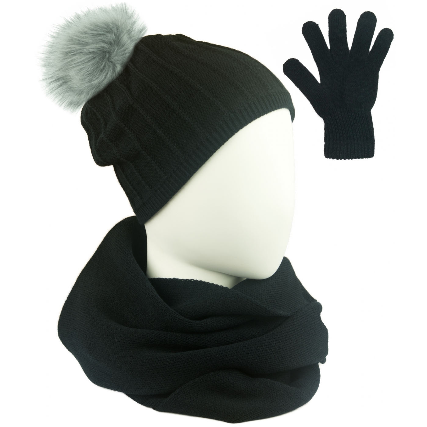 Komplet prążkowana czapka z pomponem, szalik komin i rękawiczki - czarny