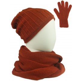 Komplet prążkowana czapka, szalik komin i rękawiczki - rudy