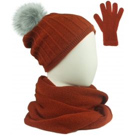 Komplet prążkowana czapka z pomponem, szalik komin i rękawiczki - rudy