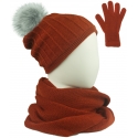 Komplet Eva prążkowana czapka z pomponem, szalik komin i rękawiczki - rudy pomarańczowy