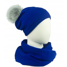 Komplet Kaja czapka zimowa damska z pomponem i szalik komin - niebieski