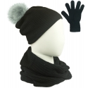Komplet damski Sally czapka z pomponem na polarze, komin i rękawiczki - czarny