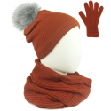 Komplet damski Sally czapka z pomponem na polarze, komin i rękawiczki - rudy