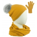 Komplet damski Sally czapka z pomponem na polarze, komin i rękawiczki - musztardowy żółty