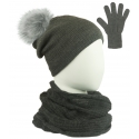 Komplet damski Sally czapka z pomponem na polarze, komin i rękawiczki - ciemny szary