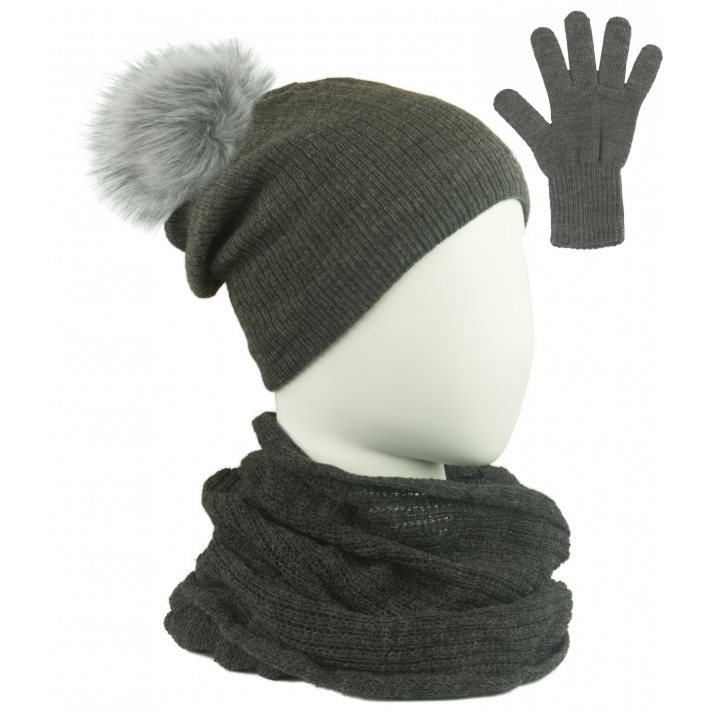 Komplet damski Sally czapka z pomponem na polarze, komin i rękawiczki - ciemny szary