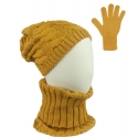 Komplet zimowy Goja czapka damska w warkocze, szalik golf i rękawiczki - musztardowy żółty