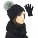 Komplet zimowy damski Hela czapka z pomponem, szalik komin i rękawiczki - czarny