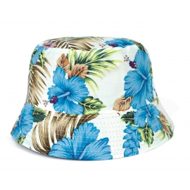 Kapelusz damski hawajski typu bucket - biały w niebieskie kwiaty