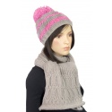 Komplet Pola czapka zimowa damska z pomponem i szalik - ciemny beż i różowy